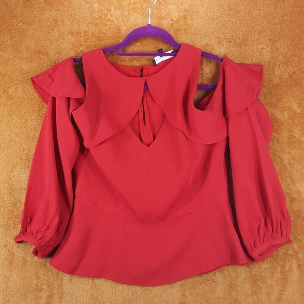 INTERMIX Womens Top Size 8 Red Cold Shoulder Ruffle Peplum Hem Keyhole Back